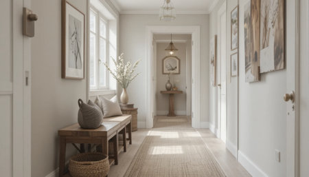 Bright hallway features stylish decor, a wooden bench, and soft lighting, creating an inviting atmosphere.の素材