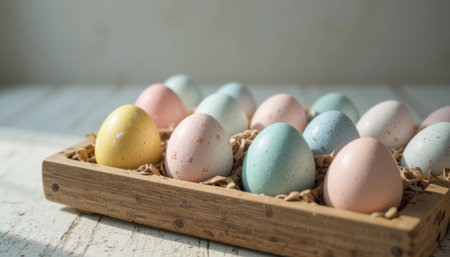 Pastel-colored eggs sit in a rustic wooden tray, showing hues of yellow, pink, and blue for spring festivities.の素材