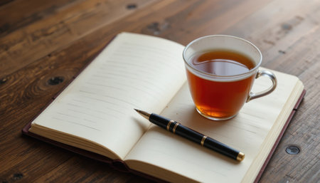 A warm cup of tea sits beside an open notebook and a sleek pen on a rustic wooden table, inviting quiet moments.の素材