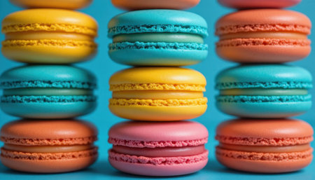 Five layers of colorful macarons in various flavors create an appealing arrangement against a blue backdrop.の素材