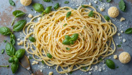A plate of spaghetti topped with basil and cheese on a rustic blue surface looks delicious.の素材