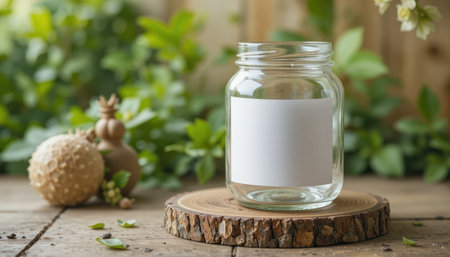 Clear glass jar placed on a wooden slice with green plants and decorative spheres in a bright, inviting space.の素材