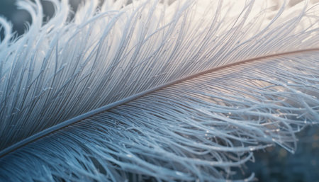A soft feather rests gently, shimmering with droplets in the soft glow of the morning sun.の素材