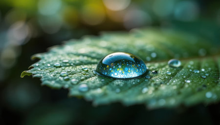 A close-up captures a water droplet resting on a leaf, reflecting vibrant colors in soft sunlight.の素材
