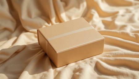 Cardboard box placed on textured fabric, illuminated by warm sunlight, creating a calm and inviting atmosphere.の素材