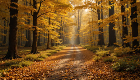 A quiet forest path is surrounded by vibrant autumn leaves, illuminated by soft morning light in a tranquil setting.の素材