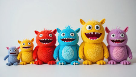 A group of vibrant plush monsters stands side by side, showing playful expressions and bright colors.の素材