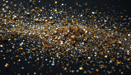 A vibrant array of silver and gold glitter particles is spread across a black background, reflecting light beautifully.の素材