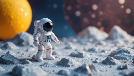 A small astronaut figure stands on a textured lunar surface, observing planets and stars at dusk.の素材