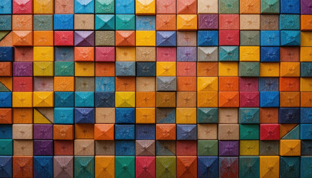 Bright and colorful tiles arranged in a geometric pattern, showing various shapes and hues.の素材