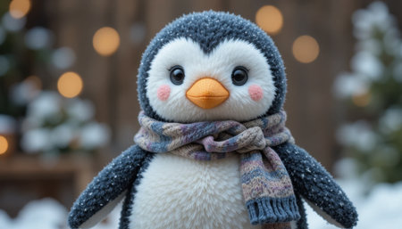 A charming penguin doll stands in a snowy outdoor scene, wrapped warmly in a scarf and surrounded by festive lights.の素材