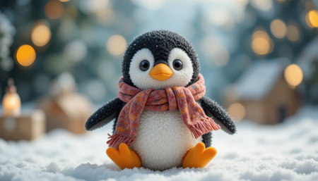 A small penguin with big eyes and a scarf enjoys a winter day in a snowy setting with twinkling lights.の素材