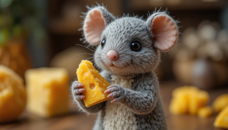 A small, furry mouse happily holds a piece of cheese while surrounded by food in a warm kitchen during daytime.の素材