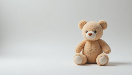 A plush teddy bear with round ears and a smile rests on a soft, light background, adding a cozy touch.の素材