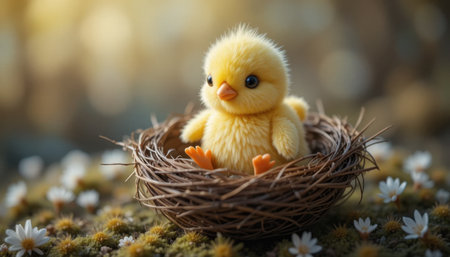 Soft yellow chick sits happily in a small nest, surrounded by lovely flowers in a calm natural environment.の素材