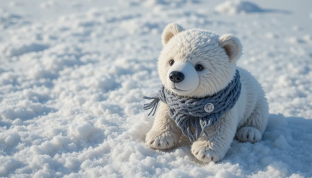 A small polar bear plush toy is sitting in soft snow, wearing a warm scarf under bright daylight, creating a cozy scene.の素材