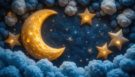 A crescent moon shines brightly amid fluffy clouds and glowing stars in a serene night sky filled with twinkling lights.の素材