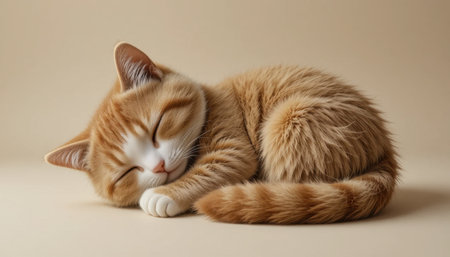 A cute orange tabby cat curls up and sleeps soundly on a smooth, neutral surface, radiating tranquility.の素材