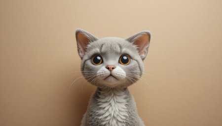 A fluffy gray kitten with big eyes curiously gazes with an innocent expression against a neutral background.の素材