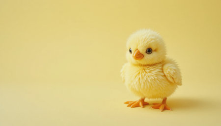 A small, fluffy chick stands on a soft yellow surface, its eyes shining with curiosity and playfulness.の素材