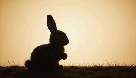 A rabbit stands quietly in profile, silhouetted against a warm sunset sky in a tranquil meadow.の素材