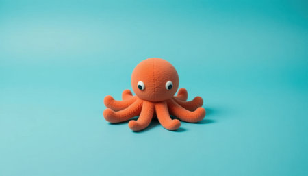 A vibrant orange octopus toy sits on a smooth turquoise surface, bringing a cheerful vibe to playtime.の素材