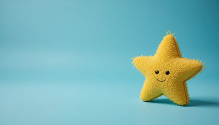 A bright yellow star plush toy with a friendly smile rests on a simple blue backdrop, conveying warmth and playfulness.の素材