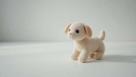 A small, soft plush puppy is positioned on a clean white surface, showing its adorable features and texture.の素材