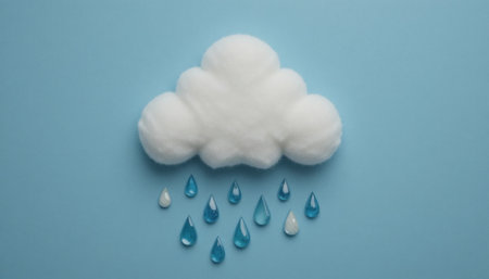 A fluffy white cloud made of cotton sits above colorful rain droplets on a soft blue background, evoking a playful mood.の素材