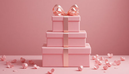 Three neatly stacked pink gift boxes with ribbons sit on a soft pink surface, scattered with heart-shaped petals.の素材