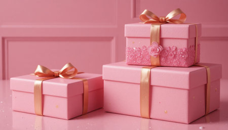 Three beautifully wrapped pink gift boxes with ribbons and floral details sit against a soft pink background.の素材