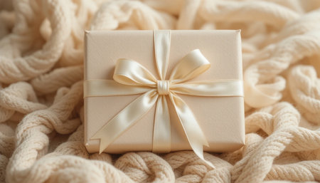 Delicate gift box tied with a ribbon rests on a cozy, textured fabric surface, creating an inviting atmosphere.の素材