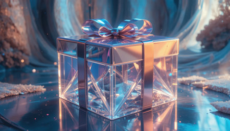 A wrapped gift box rests in a serene winter scene, glowing softly amid glistening surfaces and lights.の素材
