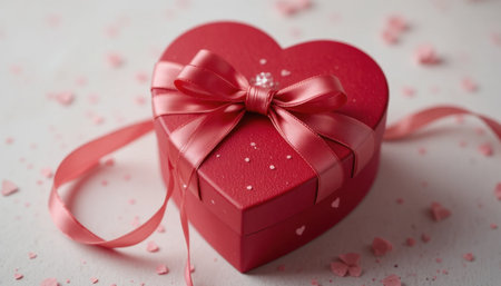 A heart-shaped gift box with a pink ribbon is surrounded by heart confetti on a light surface.の素材