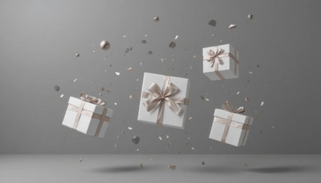 Gift boxes hover in mid-air, adorned with elegant bows, as confetti scatters around them in a modern backdrop.の素材