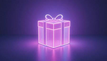 A glowing neon gift box shines brightly in purple light, resting on a smooth reflective surface.の素材