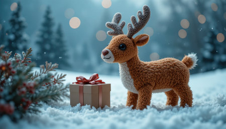 A cute reindeer toy with antlers is placed beside a gift in a snowy landscape with trees and gentle bokeh lights.の素材