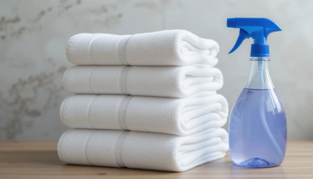 White towels are stacked neatly on a wooden surface beside a spray bottle containing blue liquid.の素材
