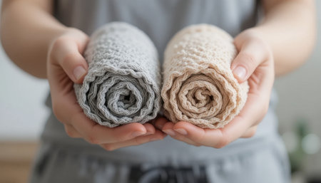 Two rolled towels in gray and beige are held in hands at home near decorative items.の素材