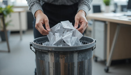 Someone is tossing crumpled papers into a trash can in a busy office space with desks in the background.の素材