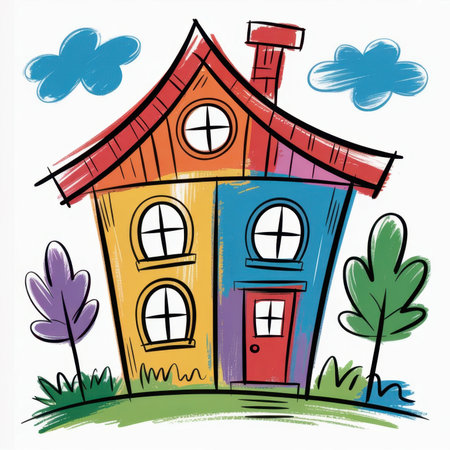 Childlike drawing shows a house with bold colors and simple lines surrounded by trees and cloudsの素材