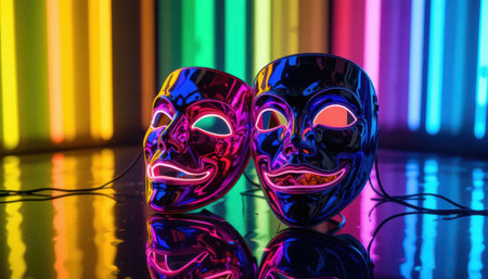 Two bright masks sit in front of glowing neon lights in various colors, creating a lively atmosphere during nighttime.の素材