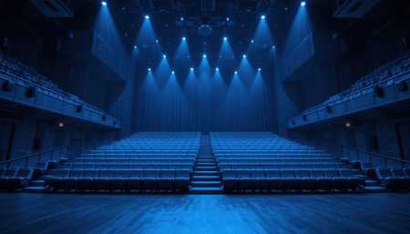 Rows of empty seats in a large auditorium with blue lights shining down on the stage area.の素材