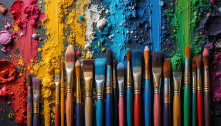 Paint brushes of various sizes are placed neatly on a colorful surface with paint splatters and pigments.の素材