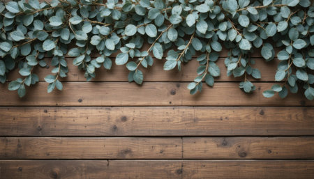 Green leaves rest on a wooden surface, forming a natural setting for indoor decoration and design.の素材
