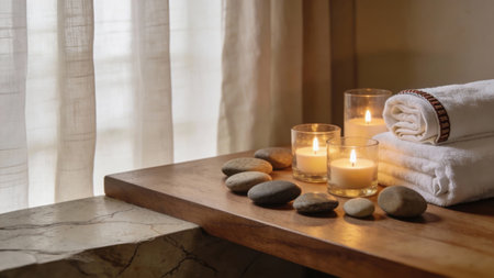 Candles and smooth stones are set on a wooden table beside rolled towels and a window, creating a simple indoor space.の素材