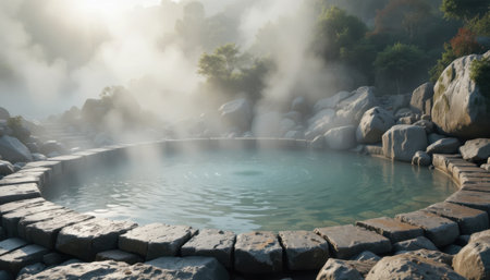 A hot spring reflects rocks and mist in warm water during the early hours of the day.の素材