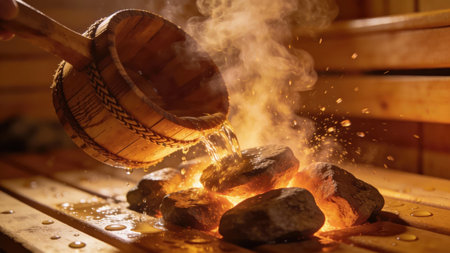 A person pours water from a wooden ladle onto hot stones to create steam in a sauna while relaxing.の素材