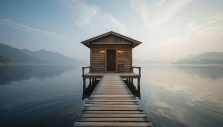 A wooden cabin is on a dock by a lake, with mountains nearby as evening light casts shadows across the water.の素材