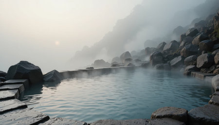 Water in hot spring reflects morning light while mist covers rocks and mountains in a quiet location.の素材